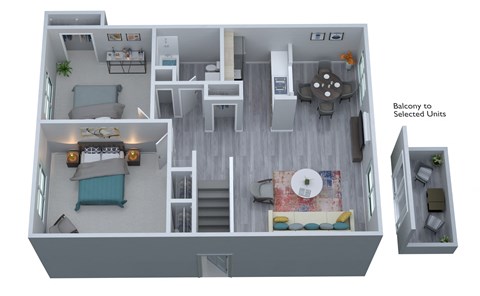 Floor plan for 2 beds, 1 bath, 755 sqft